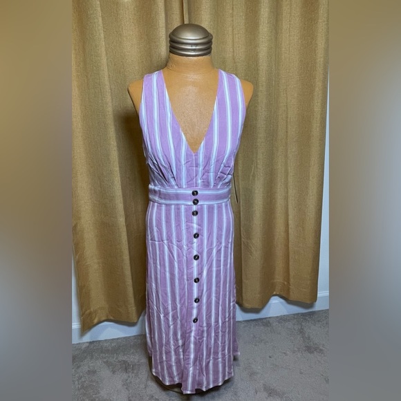 LULU'S Dresses Jacqui Lavender And White Striped Button Front Midi Dress - Picture 3 of 14